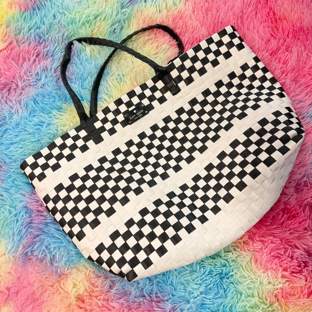 Kate Spade Woven Tote Bag Women Large Black White Good Checkerboard Shoulder Bag